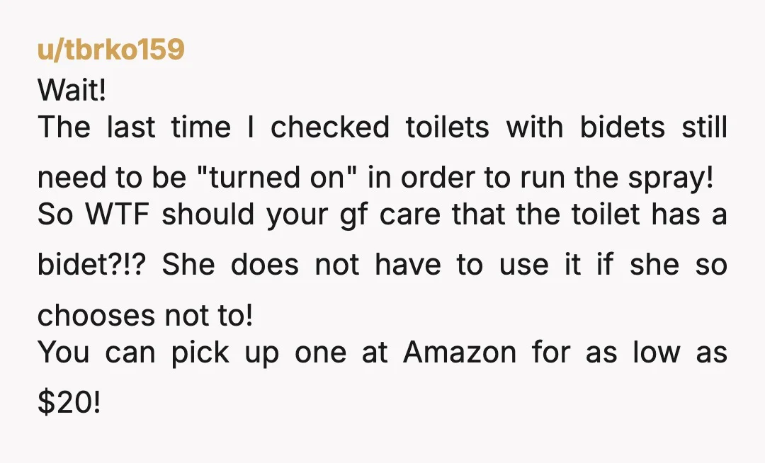u/tbrko159 Wait! The last time I checked toilets with bidets still need to be "turned on" in order to run the spray! So WTF should your gf care that the...