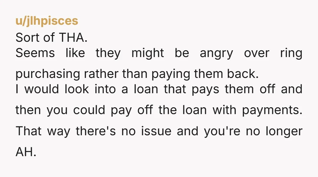 u/jlhpisces Sort of THA. Seems like they might be angry over ring purchasing rather than paying them back. I would look into a loan that pays them off and then...