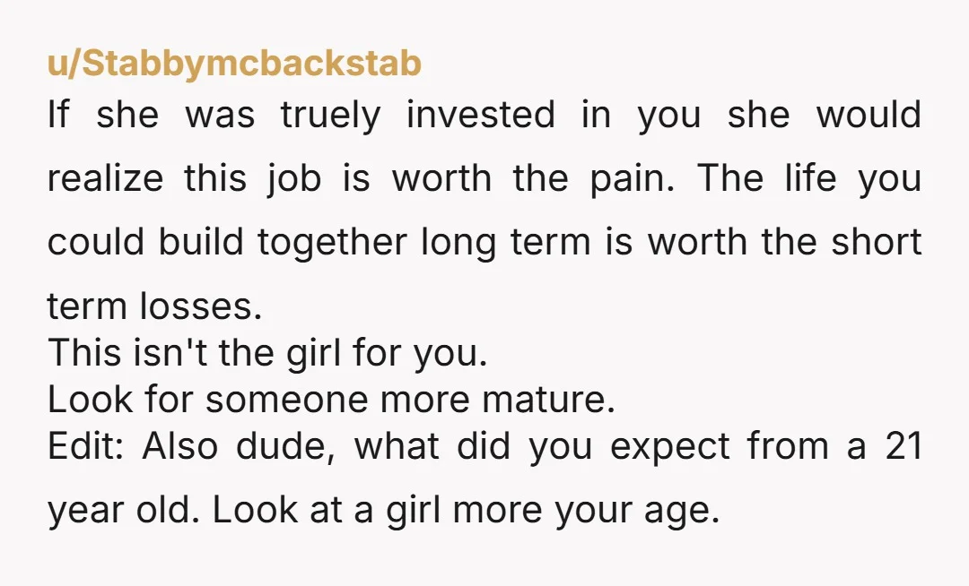 u/LibrarianExisting915 What did you expect when dating a 21 year old… I remember me at 21, child man… so it doesn’t surprise me that she would expect this, give her...