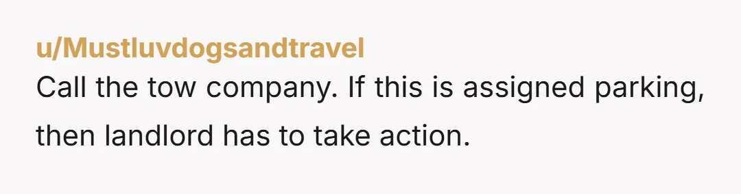 u/Mustluvdogsandtravel
Call the tow company. If this is assigned parking, then landlord has to take action.