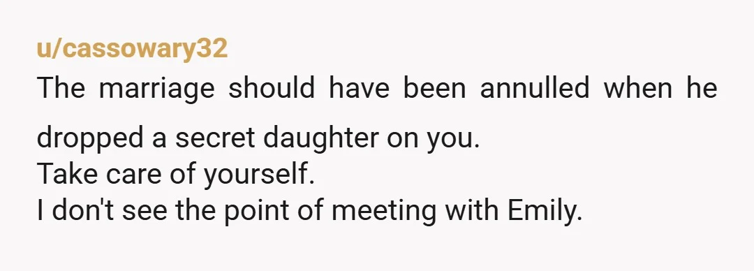 u/cassowary32
The marriage should have been annulled when he dropped a secret daughter on you.
Take care of yourself.
I don't see the point of meeting with Emily.