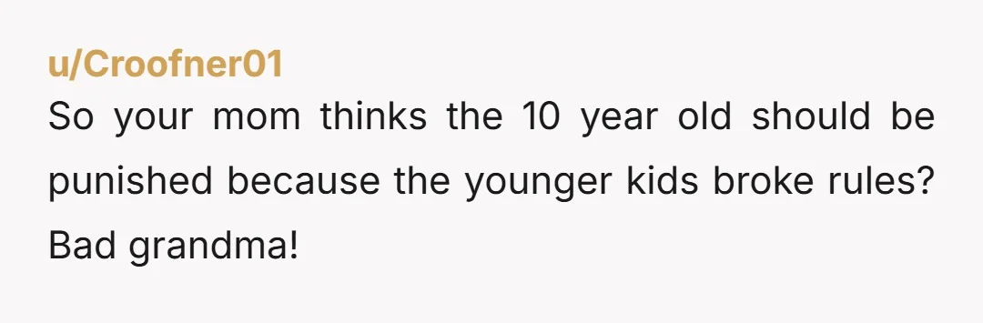 u/Croofner01
So your mom thinks the 10 year old should be punished because the younger kids broke rules? Bad grandma!