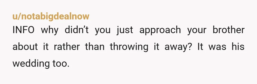 u/notabigdealnow INFO why didn’t you just approach your brother about it rather than throwing it away? It was his wedding too.