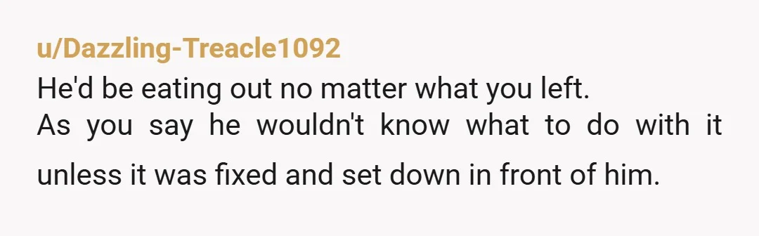 u/Dazzling-Treacle1092 He'd be eating out no matter what you left. As you say he wouldn't know what to do with it unless it was fixed and set down in front...