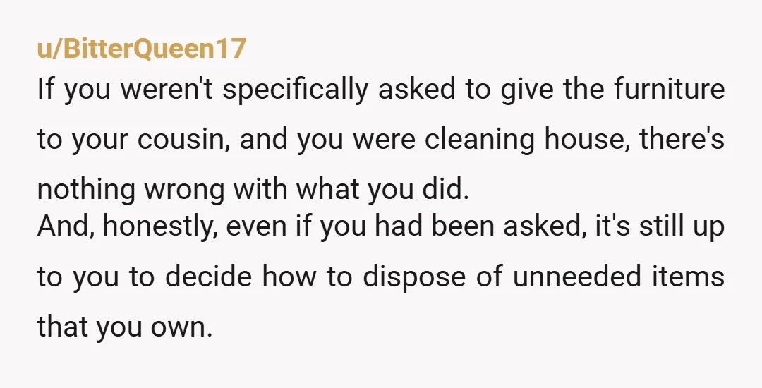 u/BitterQueen17 If you weren't specifically asked to give the furniture to your cousin, and you were cleaning house, there's nothing wrong with what you did. And, honestly, even if you...