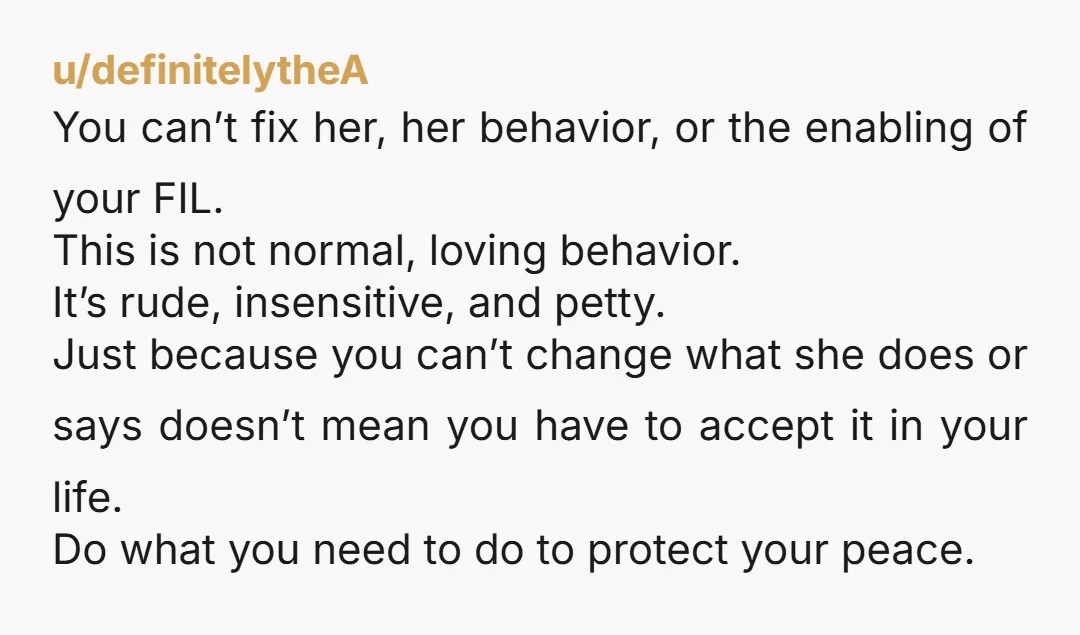 u/grumpy__g The funeral thing would have been for me enough to never talk to her again. What a terrible person. Tell FIL he can keep the peace but you are...