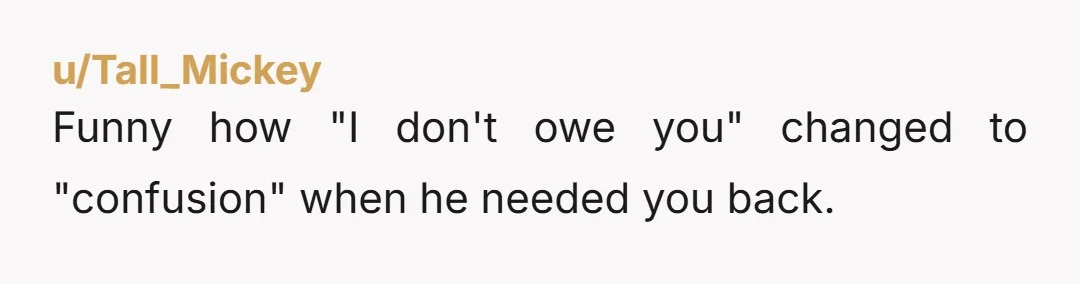 u/Tall_Mickey Funny how "I don't owe you" changed to "confusion" when he needed you back.