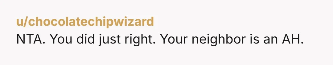 u/chocolatechipwizard
NTA.  You did just right.  Your neighbor is an AH.