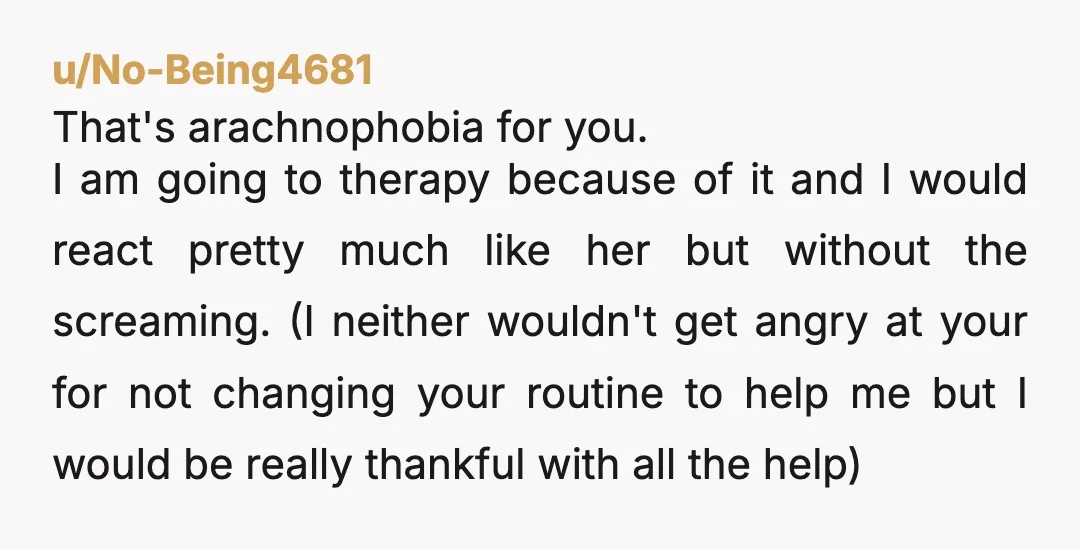 u/AlzheimerTriviaNight NTA.  I would tell her that you are not going to be able to support her in her arachnophobia and she needs to find actual professional help for it....