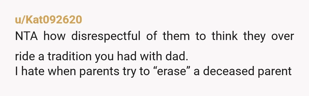 u/Kat092620 NTA how disrespectful of them to think they over ride a tradition you had with dad. I hate when parents try to “erase” a deceased parent