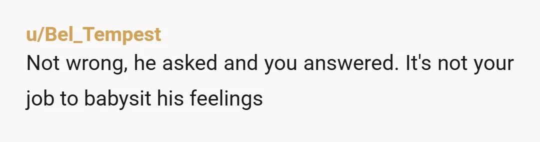 u/Bel_Tempest Not wrong, he asked and you answered. It's not your job to babysit his feelings