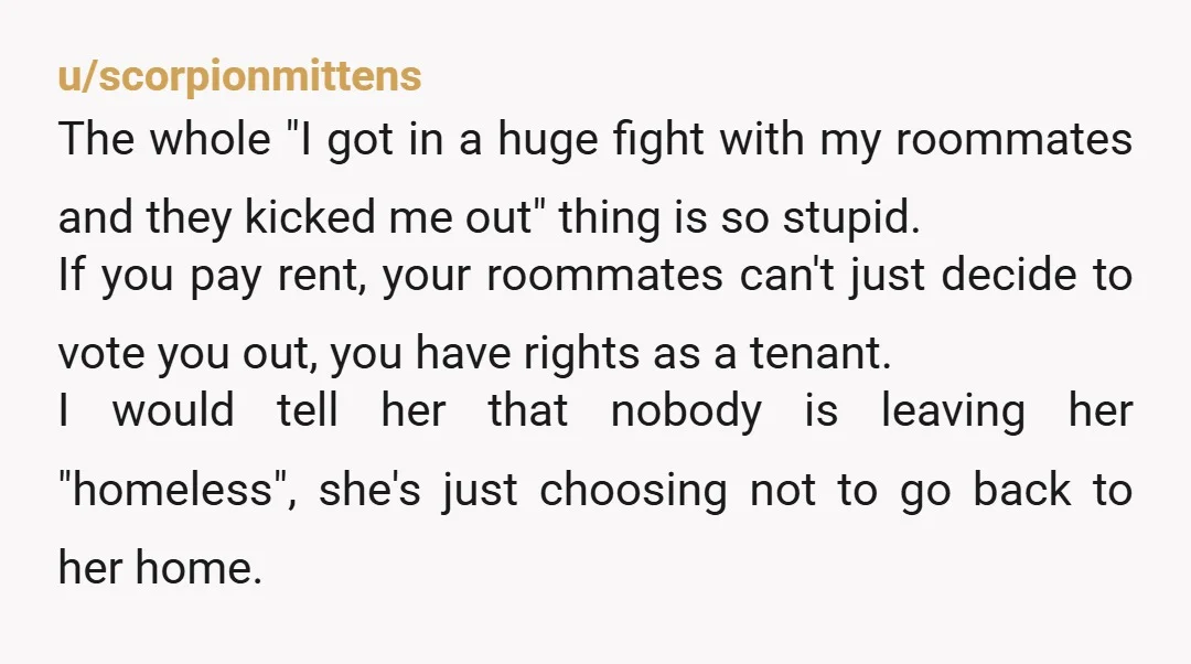 u/scorpionmittens The whole "I got in a huge fight with my roommates and they kicked me out" thing is so stupid. If you pay rent, your roommates can't just decide...