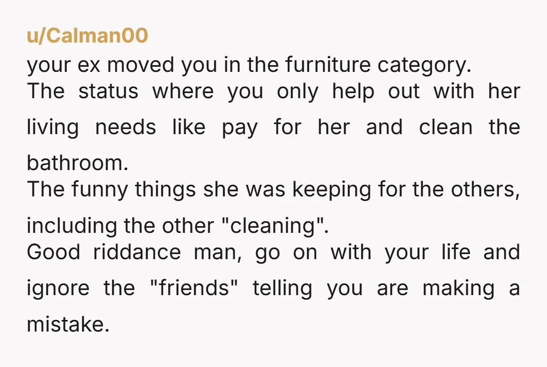 u/Calman00 your ex moved you in the furniture category. The status where you only help out with her living needs like pay for her and clean the bathroom. The funny...