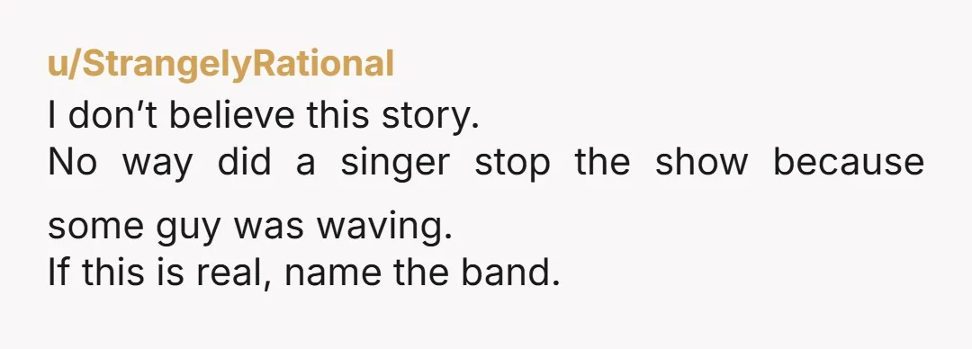u/StrangelyRational I don’t believe this story. No way did a singer stop the show because some guy was waving. If this is real, name the band.