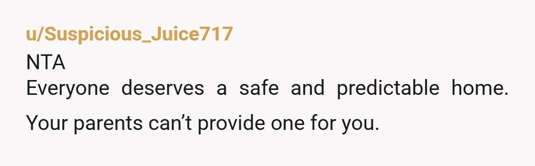 u/Suspicious_Juice717
NTA
Everyone deserves a safe and predictable home. Your parents can’t provide one for you. 