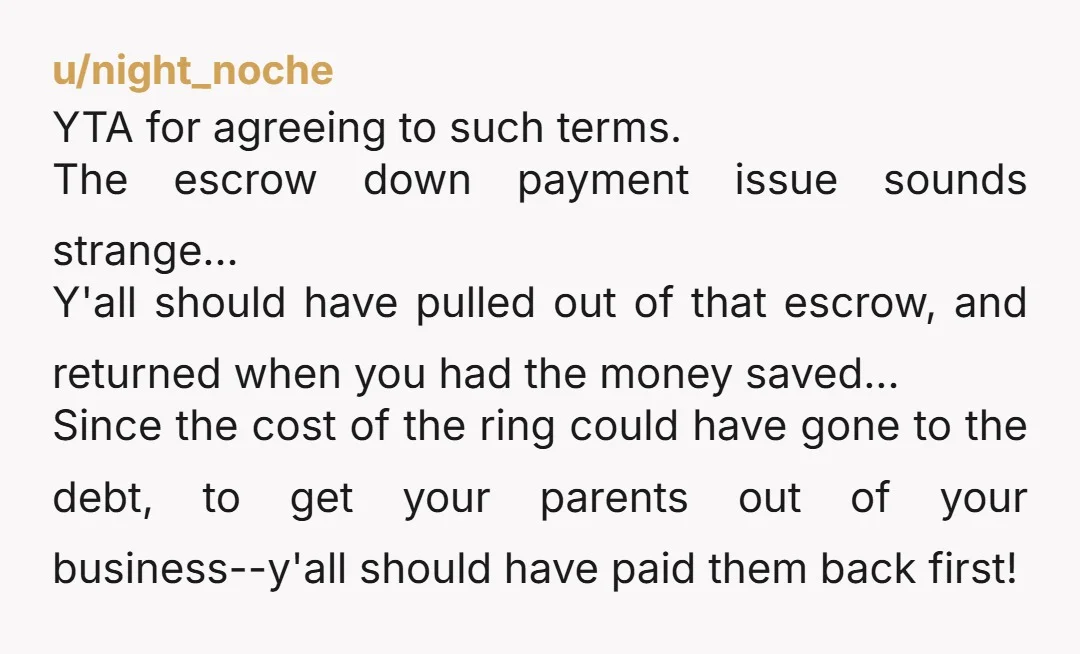 u/night_noche YTA for agreeing to such terms. The escrow down payment issue sounds strange... Y'all should have pulled out of that escrow, and returned when you had the money saved......