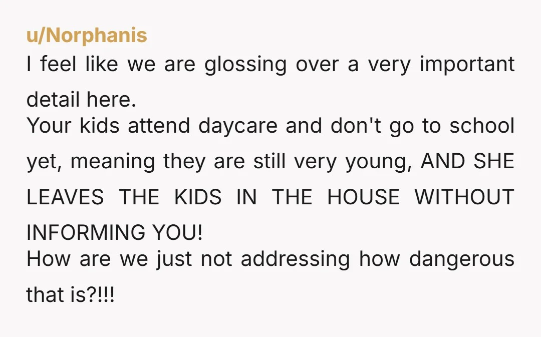 u/Norphanis I feel like we are glossing over a very important detail here. Your kids attend daycare and don't go to school yet, meaning they are still very young, AND...