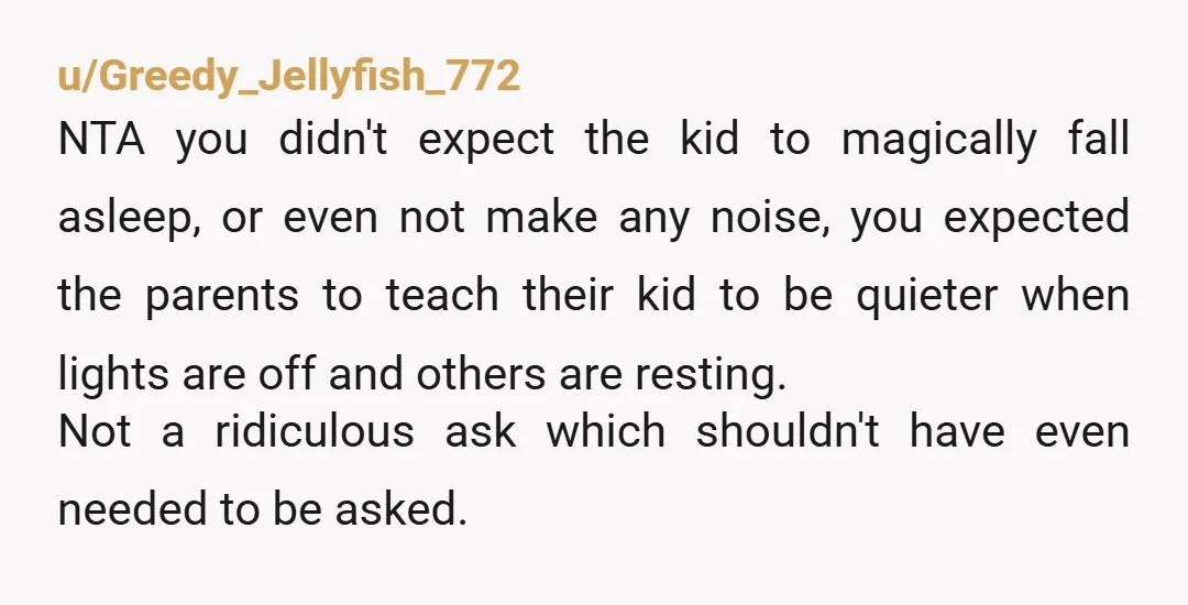 u/mrs_vivalivealive NTA I don't get people in these discussions saying otherwise. I flew with a 6 and 3 year old (mind you almost 20 years ago). 8 hour fly time...