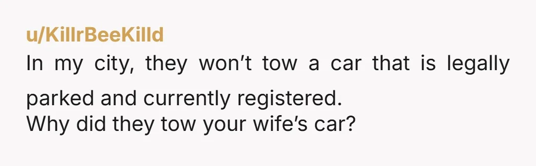 u/BackgroundGrass429 Wow OP. Reading into your comments here, since the city followed their rules by putting notice stickers on the car, it wasn't your neighbor who got your wife's car...