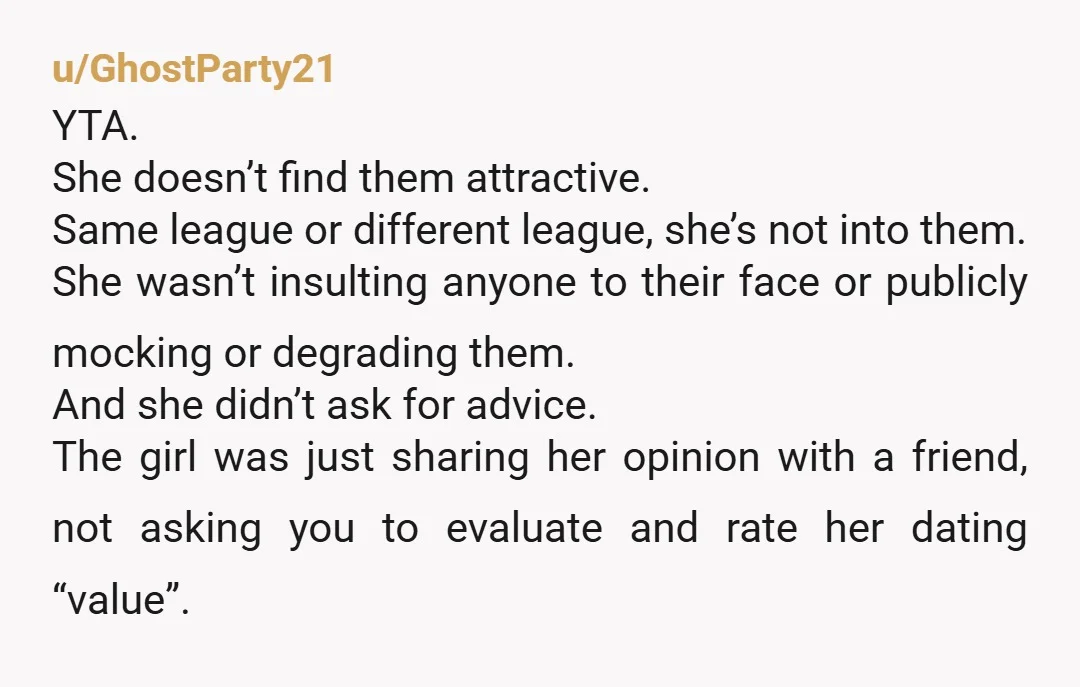 u/Hot-Avocado-7 NTA. Women need to hear this more, honestly. The whole “6 feet or taller” thing is so annoying. I’m a woman, would hate to hear a guy say “100...