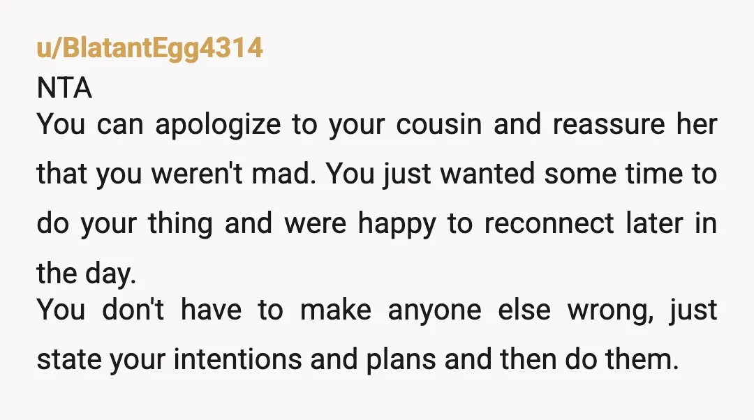 u/BlatantEgg4314 NTA You can apologize to your cousin and reassure her that you weren't mad. You just wanted some time to do your thing and were happy to reconnect later...