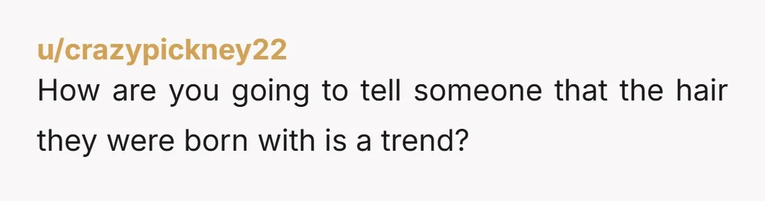 u/crazypickney22
How are you going to tell someone that the hair they were born with is a trend?