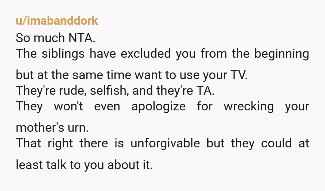 u/imabanddork So much NTA. The siblings have excluded you from the beginning but at the same time want to use your TV. They're rude, selfish, and they're TA. They won't...