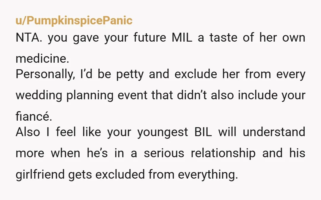 u/Servantofbosco NTA She is going to be a pain in your butt for the rest of her life. But you already know that. That saying, good for your fiance for...
