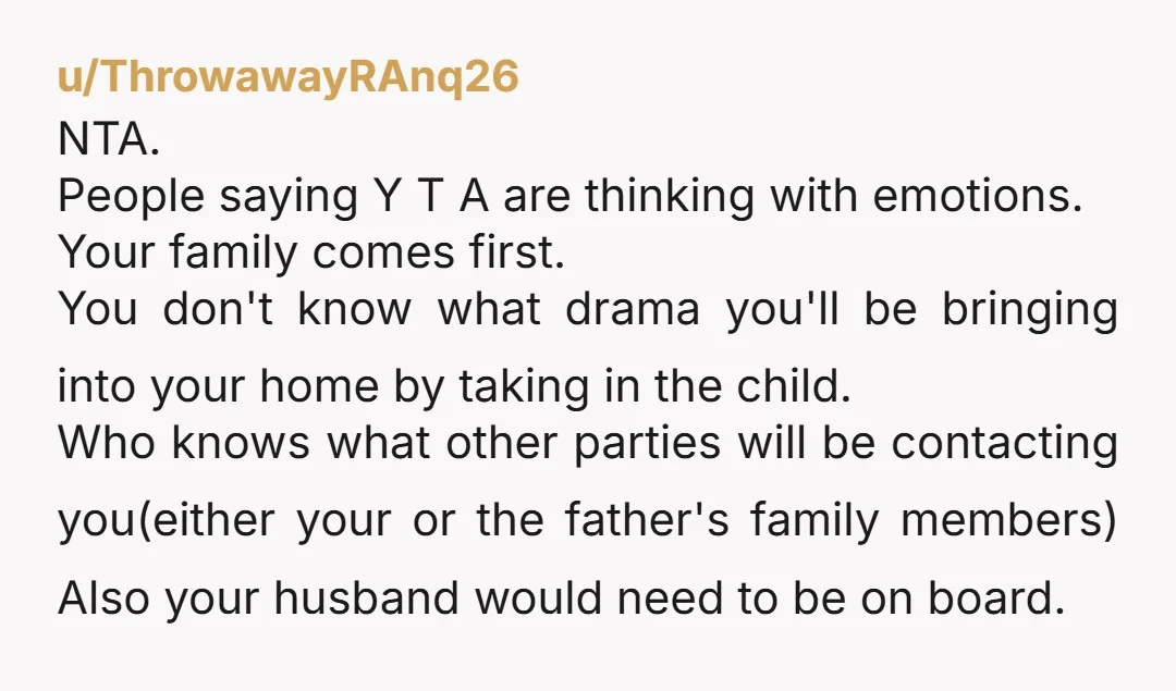 u/gravitational_lens Why were you the only option, if you have other family members (those who tell you that you were in the wrong)? If your brother and his wife don't...