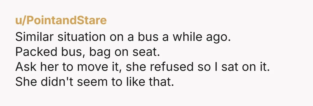 u/PointandStare Similar situation on a bus a while ago. Packed bus, bag on seat. Ask her to move it, she refused so I sat on it. She didn't seem to...