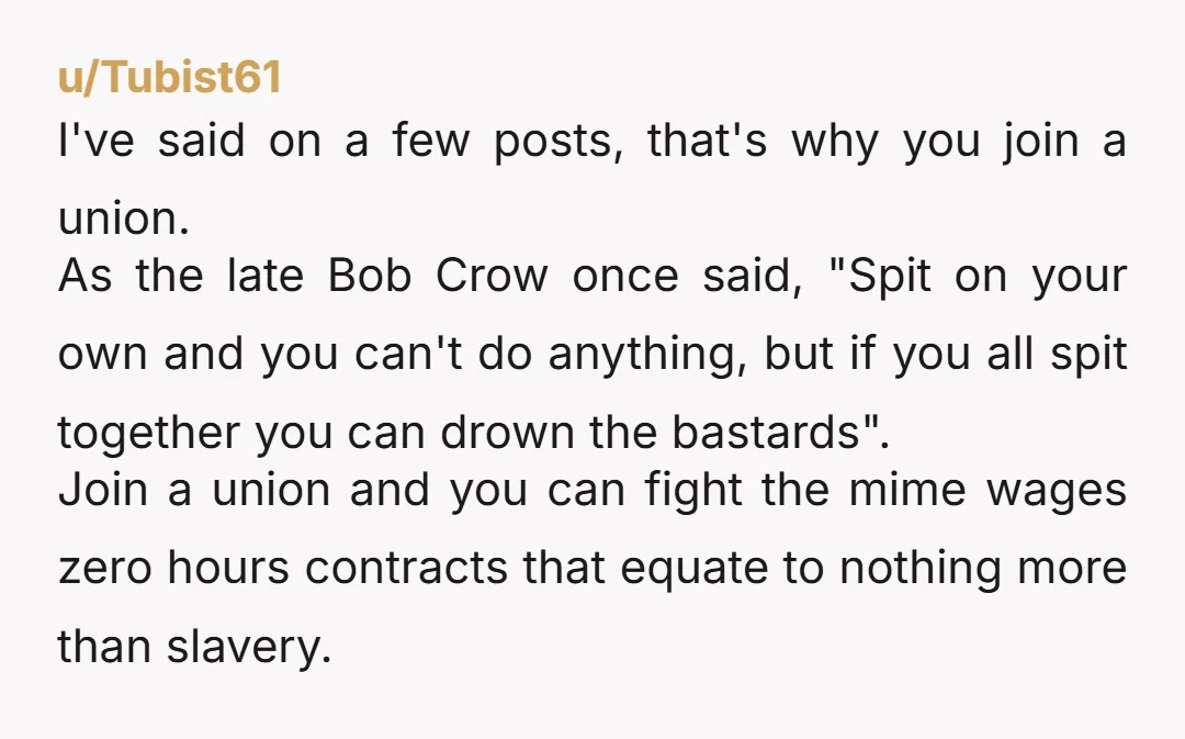 u/Tubist61 I've said on a few posts, that's why you join a union. As the late Bob Crow once said, "Spit on your own and you can't do anything, but...