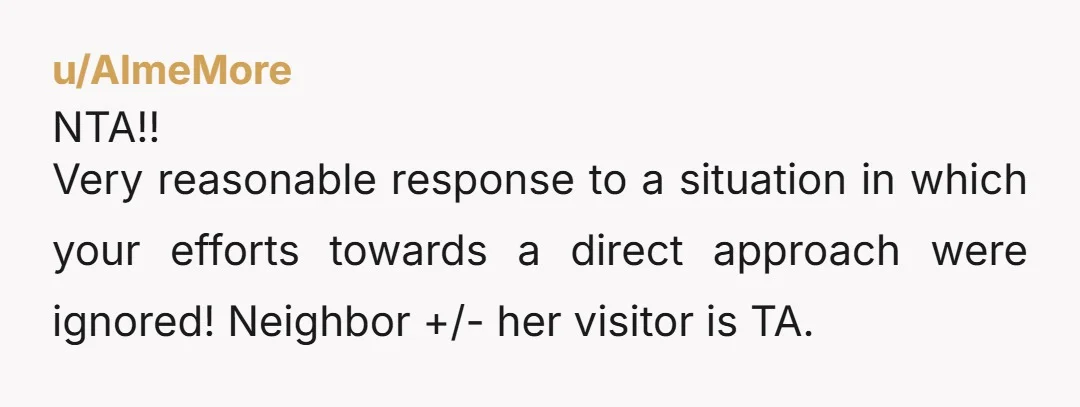 u/AlmeMore
NTA!!
Very reasonable response to a situation in which your efforts towards a direct approach were ignored! Neighbor +/- her visitor is TA.