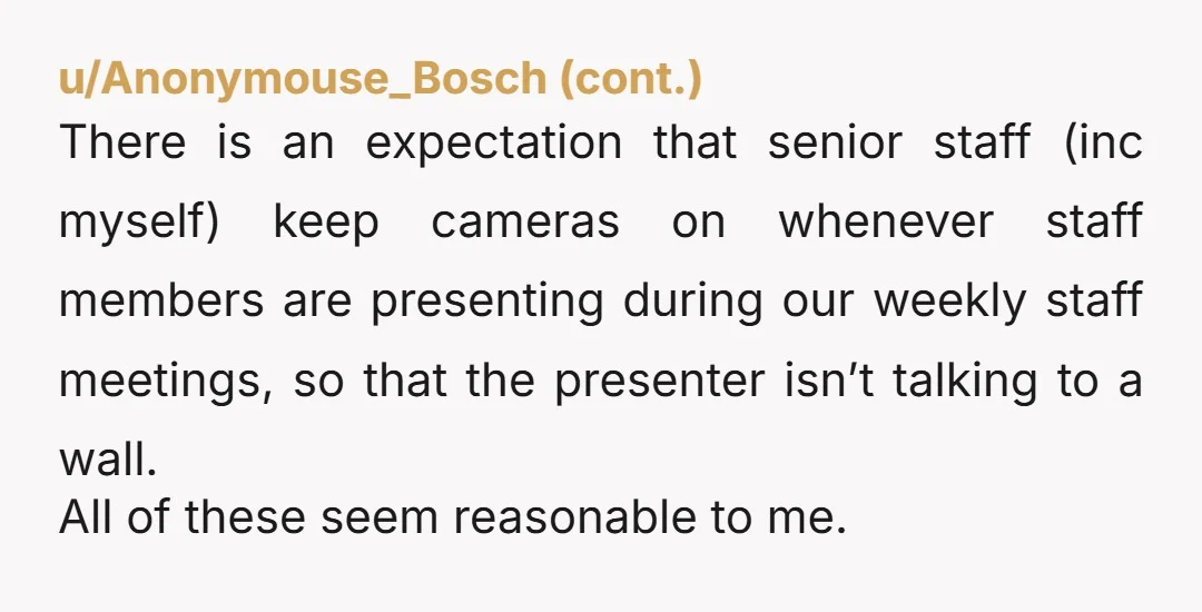 u/Aerallaphon Too many people on camera is distracting and kills bandwidth. We're super collaborative but usually someone is sharing slides, a document, a spreadsheet, etc. and that content is what...