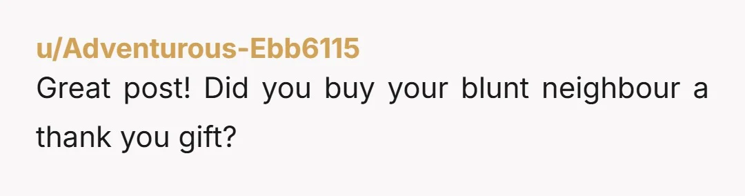 u/Adventurous-Ebb6115 Great post! Did you buy your blunt neighbour a thank you gift?