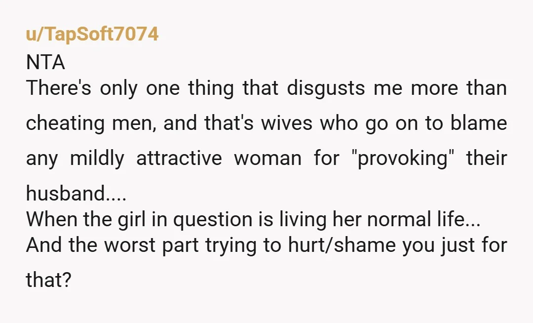 u/TapSoft7074 NTA There's only one thing that disgusts me more than cheating men, and that's wives who go on to blame any mildly attractive woman for "provoking" their husband.... When...