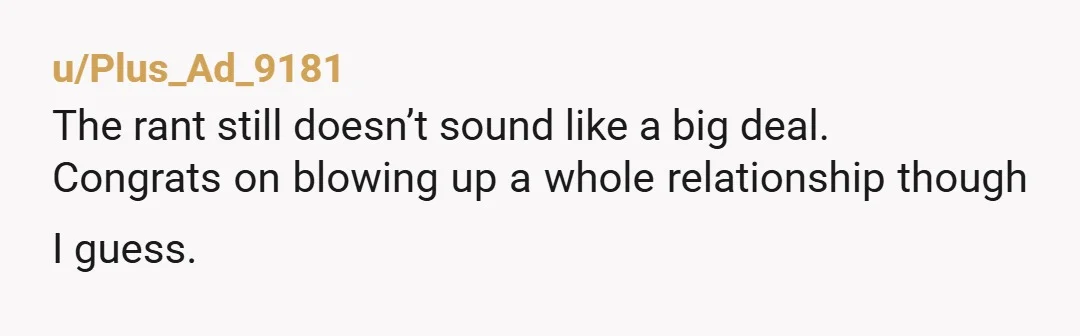 u/Plus_Ad_9181
The rant still doesn’t sound like a big deal.
Congrats on blowing up a whole relationship though I guess.