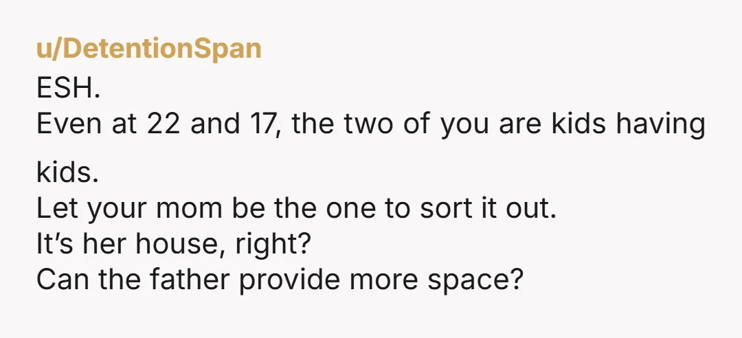 u/DetentionSpan ESH. Even at 22 and 17, the two of you are kids having kids. Let your mom be the one to sort it out. It’s her house, right? Can...