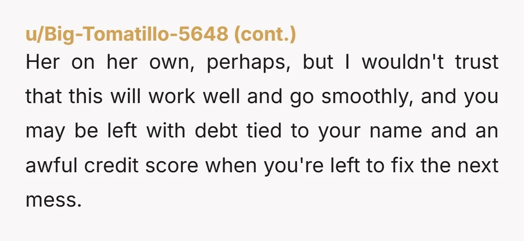 u/Dazzling_Tap886 NTA .Never, Never, Never cosign a loan. Especially in a situation like this. You owe nothing but court ordered child support to her. Best you could do for your...