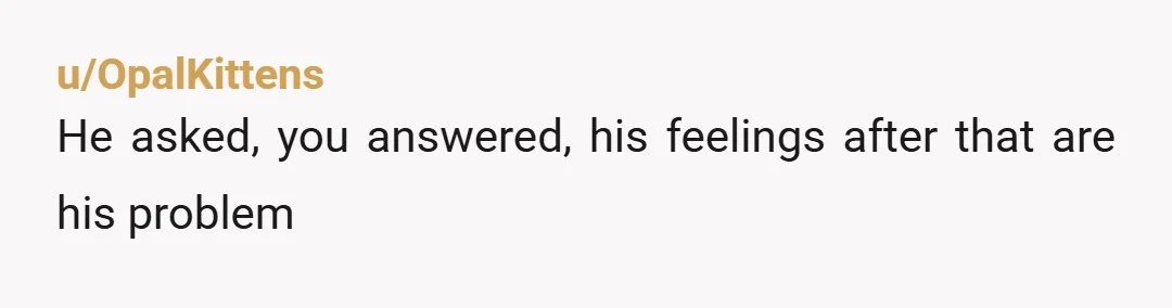u/OpalKittens He asked, you answered, his feelings after that are his problem