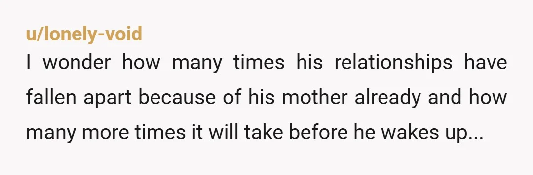u/lonely-void
I wonder how many times his relationships have fallen apart because of his mother already and how many more times it will take before he wakes up...