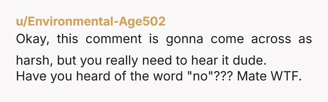 u/Environmental-Age502 Okay, this comment is gonna come across as harsh, but you really need to hear it dude. Have you heard of the word "no"??? Mate WTF. "No, I'm not...