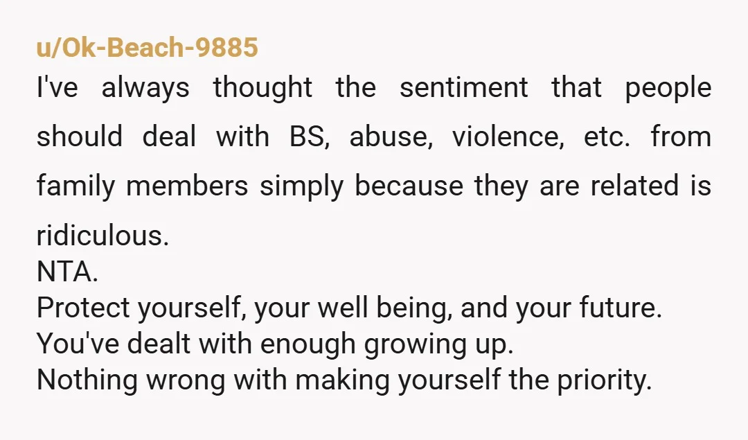 u/Ok-Beach-9885 I've always thought the sentiment that people should deal with BS, abuse, violence, etc. from family members simply because they are related is ridiculous. NTA. Protect yourself, your well...