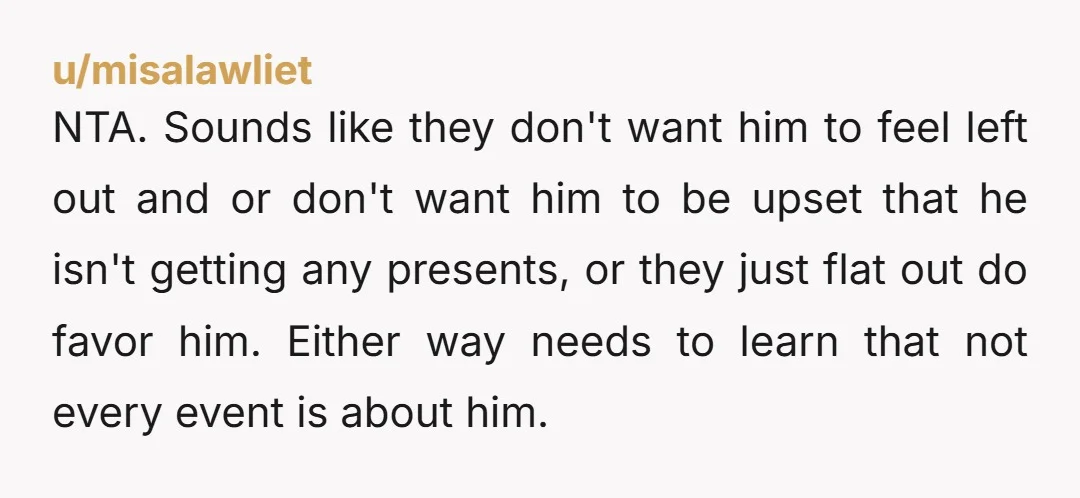 u/Consistent-Warthog84 NTA. Regardless of who's birthday it is, this is extremely rude behavior. My MIL tried this ONCE. Trying to give my child a present on another family members birthday....