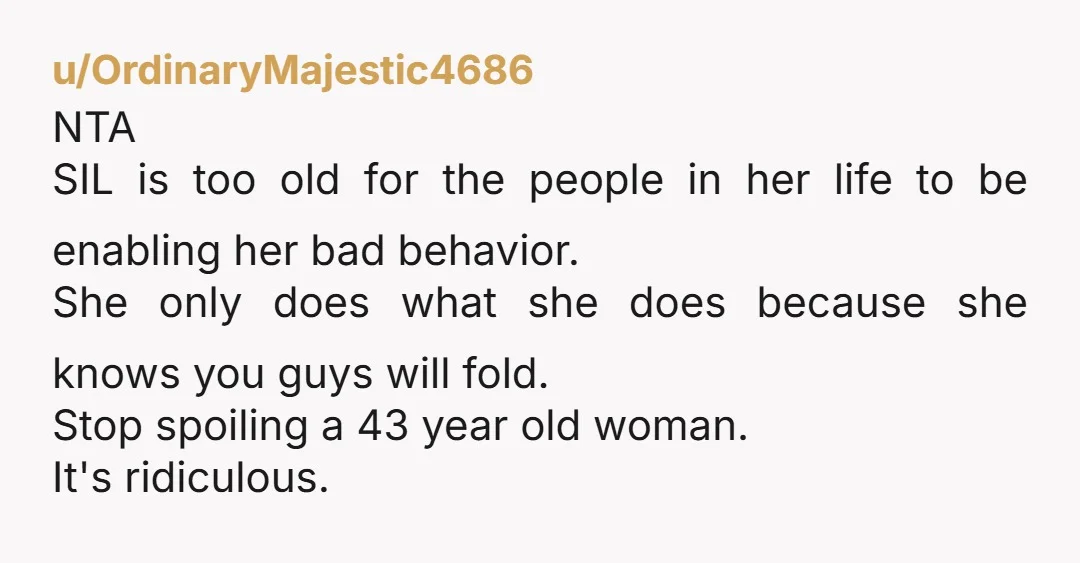 u/Lizwings WHAT? Your grown, adult SIL isn't able to take care of her own kids and wants your husband to fly cross-country to parent her children for her? How is...