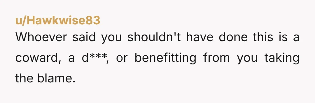 u/Hawkwise83 Whoever said you shouldn't have done this is a coward, a d***, or benefitting from you taking the blame.