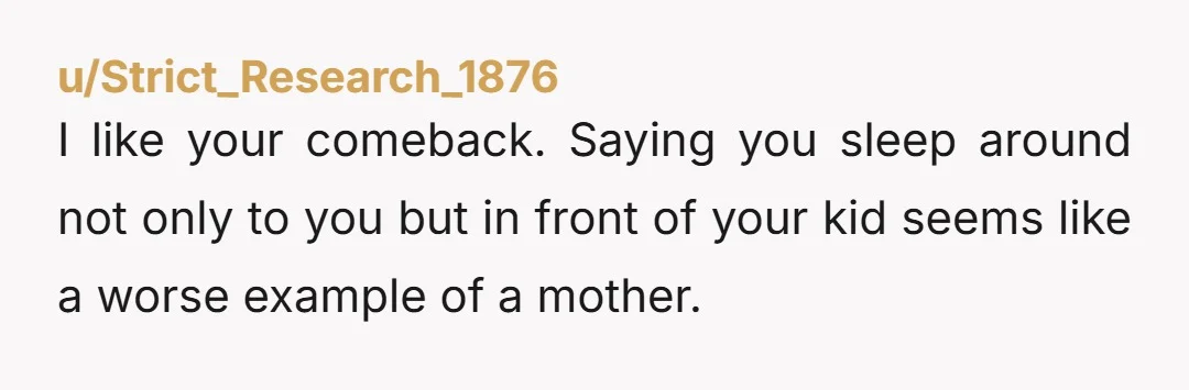 u/Strict_Research_1876
I like your comeback. Saying you sleep around not only to you but in front of your kid seems like a worse example of a mother.