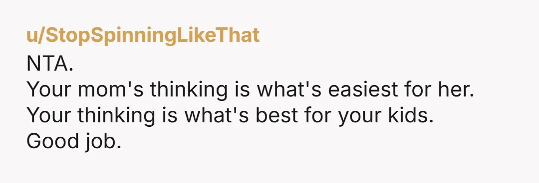 u/StopSpinningLikeThat
NTA.
Your mom's thinking is what's easiest for her.
Your thinking is what's best for your kids.
Good job.