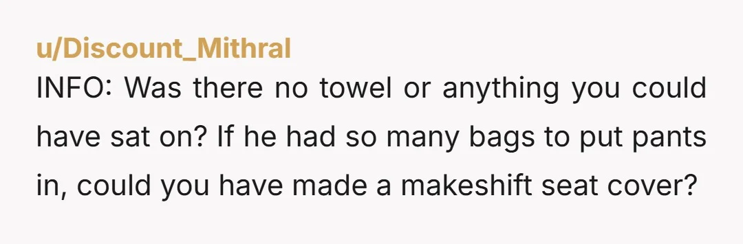 u/Discount_Mithral INFO: Was there no towel or anything you could have sat on? If he had so many bags to put pants in, could you have made a makeshift seat...