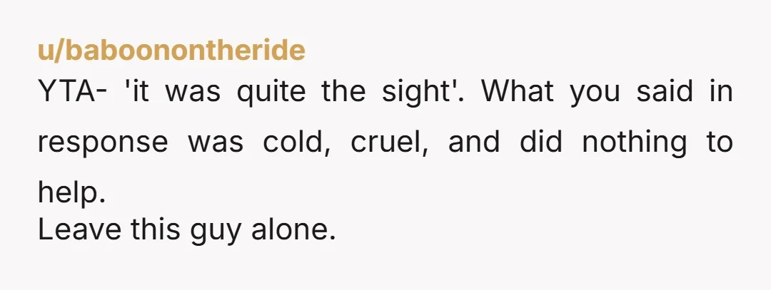 u/baboonontheride
YTA- 'it was quite the sight'. What you said in response was cold, cruel, and did nothing to help.
Leave this guy alone.