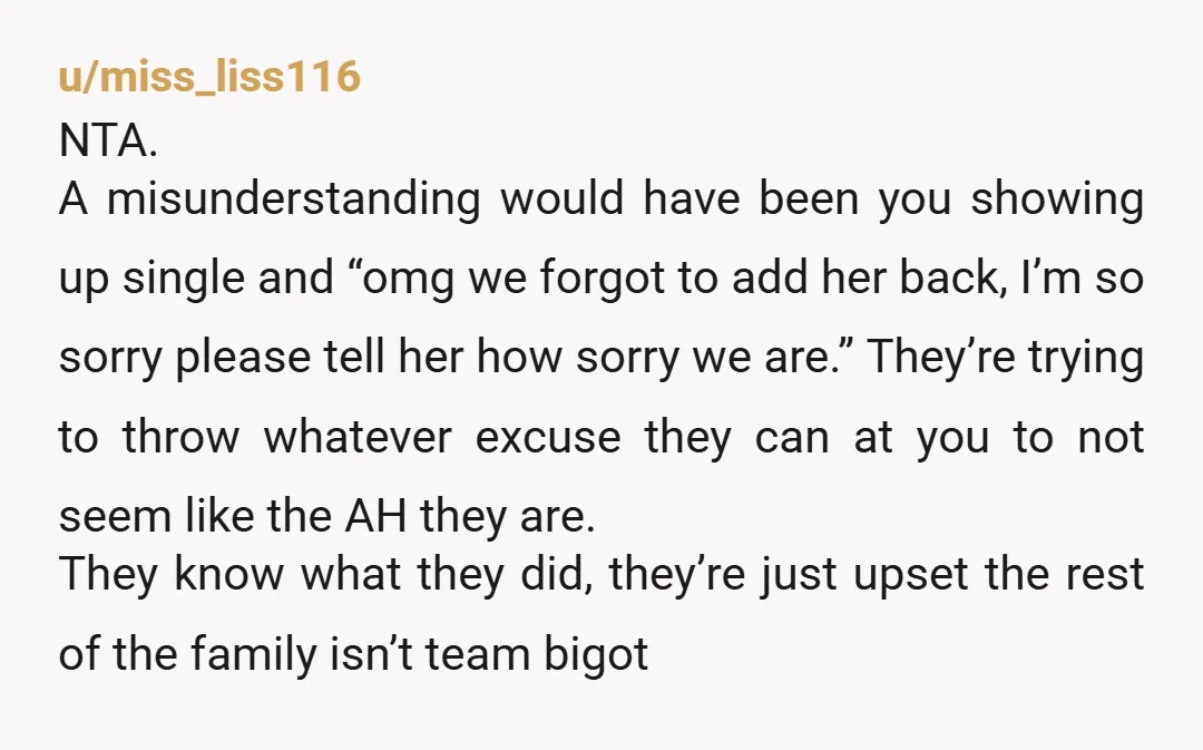 u/BothReading1229 NTA, so as I understand it, they excluded your GF, and then your mom (because of the embarrassment of you standing up to the fact your GF was excluded)...
